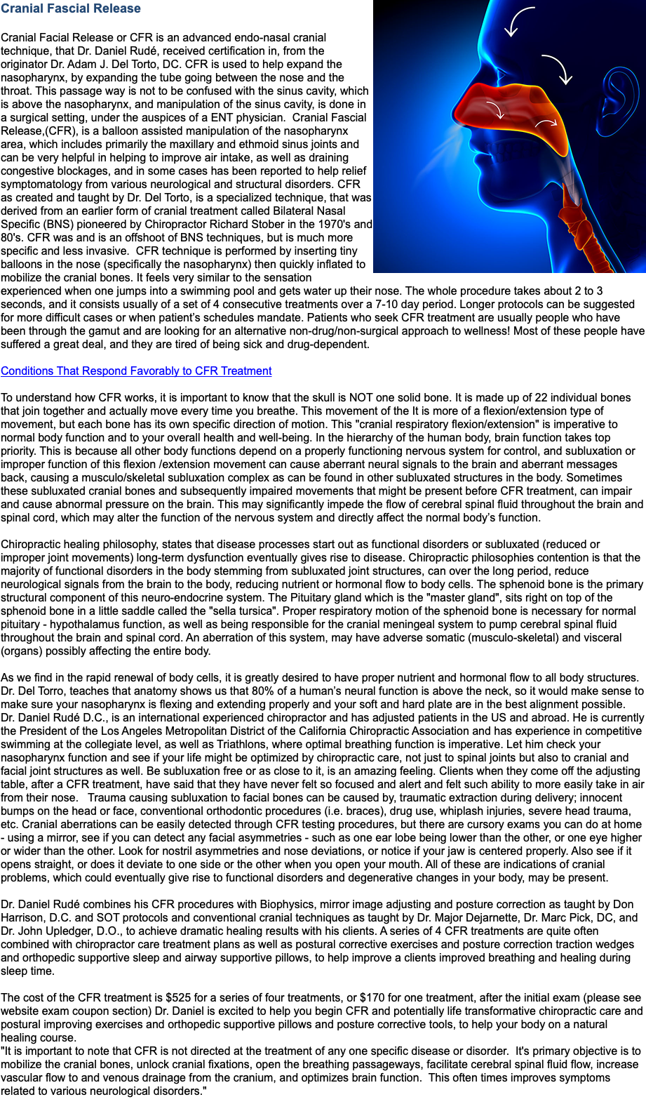 Cranial Fascial Release﷯ Cranial Facial Release or CFR is an advanced endo-nasal cranial technique, that Dr. Daniel Rudé, received certification in, from the originator Dr. Adam J. Del Torto, DC. CFR is used to help expand the nasopharynx, by expanding the tube going between the nose and the throat. This passage way is not to be confused with the sinus cavity, which is above the nasopharynx, and manipulation of the sinus cavity, is done in a surgical setting, under the auspices of a ENT physician. Cranial Fascial Release,(CFR), is a balloon assisted manipulation of the nasopharynx area, which includes primarily the maxillary and ethmoid sinus joints and can be very helpful in helping to improve air intake, as well as draining congestive blockages, and in some cases has been reported to help relief symptomatology from various neurological and structural disorders. CFR as created and taught by Dr. Del Torto, is a specialized technique, that was derived from an earlier form of cranial treatment called Bilateral Nasal Specific (BNS) pioneered by Chiropractor Richard Stober in the 1970's and 80's. CFR was and is an offshoot of BNS techniques, but is much more specific and less invasive. CFR technique is performed by inserting tiny balloons in the nose (specifically the nasopharynx) then quickly inflated to mobilize the cranial bones. It feels very similar to the sensation experienced when one jumps into a swimming pool and gets water up their nose. The whole procedure takes about 2 to 3 seconds, and it consists usually of a set of 4 consecutive treatments over a 7-10 day period. Longer protocols can be suggested for more difficult cases or when patient’s schedules mandate. Patients who seek CFR treatment are usually people who have been through the gamut and are looking for an alternative non-drug/non-surgical approach to wellness! Most of these people have suffered a great deal, and they are tired of being sick and drug-dependent. Conditions That Respond Favorably to CFR Treatment To understand how CFR works, it is important to know that the skull is NOT one solid bone. It is made up of 22 individual bones that join together and actually move every time you breathe. This movement of the It is more of a flexion/extension type of movement, but each bone has its own specific direction of motion. This "cranial respiratory flexion/extension" is imperative to normal body function and to your overall health and well-being. In the hierarchy of the human body, brain function takes top priority. This is because all other body functions depend on a properly functioning nervous system for control, and subluxation or improper function of this flexion /extension movement can cause aberrant neural signals to the brain and aberrant messages back, causing a musculo/skeletal subluxation complex as can be found in other subluxated structures in the body. Sometimes these subluxated cranial bones and subsequently impaired movements that might be present before CFR treatment, can impair and cause abnormal pressure on the brain. This may significantly impede the flow of cerebral spinal fluid throughout the brain and spinal cord, which may alter the function of the nervous system and directly affect the normal body’s function. Chiropractic healing philosophy, states that disease processes start out as functional disorders or subluxated (reduced or improper joint movements) long-term dysfunction eventually gives rise to disease. Chiropractic philosophies contention is that the majority of functional disorders in the body stemming from subluxated joint structures, can over the long period, reduce neurological signals from the brain to the body, reducing nutrient or hormonal flow to body cells. The sphenoid bone is the primary structural component of this neuro-endocrine system. The Pituitary gland which is the "master gland", sits right on top of the sphenoid bone in a little saddle called the "sella tursica". Proper respiratory motion of the sphenoid bone is necessary for normal pituitary - hypothalamus function, as well as being responsible for the cranial meningeal system to pump cerebral spinal fluid throughout the brain and spinal cord. An aberration of this system, may have adverse somatic (musculo-skeletal) and visceral (organs) possibly affecting the entire body. As we find in the rapid renewal of body cells, it is greatly desired to have proper nutrient and hormonal flow to all body structures. Dr. Del Torro, teaches that anatomy shows us that 80% of a human’s neural function is above the neck, so it would make sense to make sure your nasopharynx is flexing and extending properly and your soft and hard plate are in the best alignment possible. Dr. Daniel Rudé D.C., is an international experienced chiropractor and has adjusted patients in the US and abroad. He is currently the President of the Los Angeles Metropolitan District of the California Chiropractic Association and has experience in competitive swimming at the collegiate level, as well as Triathlons, where optimal breathing function is imperative. Let him check your nasopharynx function and see if your life might be optimized by chiropractic care, not just to spinal joints but also to cranial and facial joint structures as well. Be subluxation free or as close to it, is an amazing feeling. Clients when they come off the adjusting table, after a CFR treatment, have said that they have never felt so focused and alert and felt such ability to more easily take in air from their nose. Trauma causing subluxation to facial bones can be caused by, traumatic extraction during delivery; innocent bumps on the head or face, conventional orthodontic procedures (i.e. braces), drug use, whiplash injuries, severe head trauma, etc. Cranial aberrations can be easily detected through CFR testing procedures, but there are cursory exams you can do at home - using a mirror, see if you can detect any facial asymmetries - such as one ear lobe being lower than the other, or one eye higher or wider than the other. Look for nostril asymmetries and nose deviations, or notice if your jaw is centered properly. Also see if it opens straight, or does it deviate to one side or the other when you open your mouth. All of these are indications of cranial problems, which could eventually give rise to functional disorders and degenerative changes in your body, may be present. Dr. Daniel Rudé combines his CFR procedures with Biophysics, mirror image adjusting and posture correction as taught by Don Harrison, D.C. and SOT protocols and conventional cranial techniques as taught by Dr. Major Dejarnette, Dr. Marc Pick, DC, and Dr. John Upledger, D.O., to achieve dramatic healing results with his clients. A series of 4 CFR treatments are quite often combined with chiropractor care treatment plans as well as postural corrective exercises and posture correction traction wedges and orthopedic supportive sleep and airway supportive pillows, to help improve a clients improved breathing and healing during sleep time. The cost of the CFR treatment is $525 for a series of four treatments, or $170 for one treatment, after the initial exam (please see website exam coupon section) Dr. Daniel is excited to help you begin CFR and potentially life transformative chiropractic care and postural improving exercises and orthopedic supportive pillows and posture corrective tools, to help your body on a natural healing course. "It is important to note that CFR is not directed at the treatment of any one specific disease or disorder. It's primary objective is to mobilize the cranial bones, unlock cranial fixations, open the breathing passageways, facilitate cerebral spinal fluid flow, increase vascular flow to and venous drainage from the cranium, and optimizes brain function. This often times improves symptoms related to various neurological disorders." 